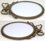 Antique French 7.25" Picture Frame, Bow & Ribbon Top, Turquoise Opaline Glass "Jewels"