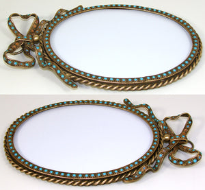 Antique French 7.25" Picture Frame, Bow & Ribbon Top, Turquoise Opaline Glass "Jewels"