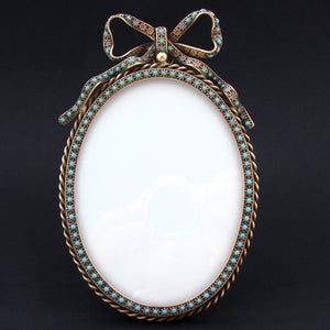 Antique French 7.25" Picture Frame, Bow & Ribbon Top, Turquoise Opaline Glass "Jewels"