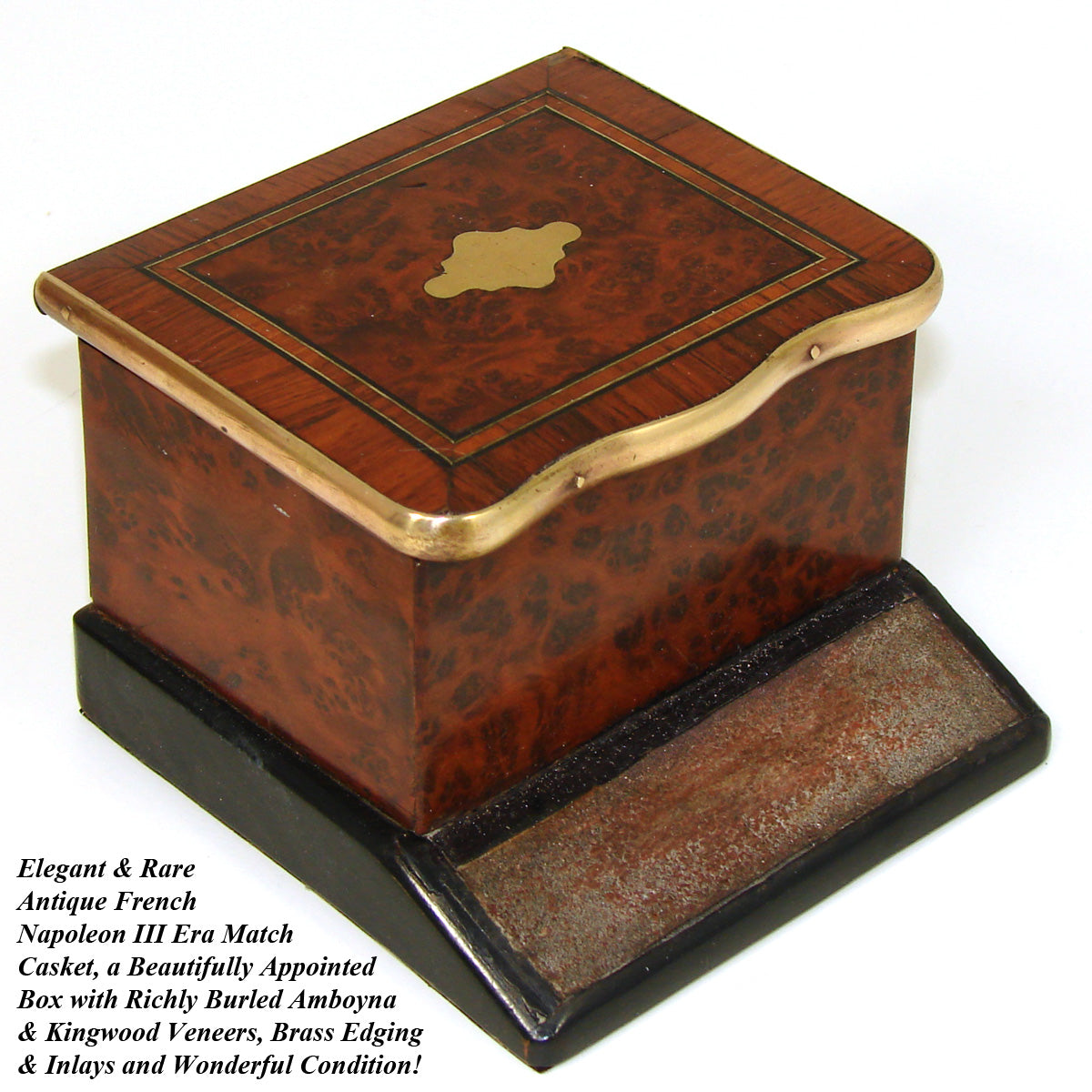 Antique French Napoleon III Era Casket, Match Holder with Striker Panel, Burled & Kingwood