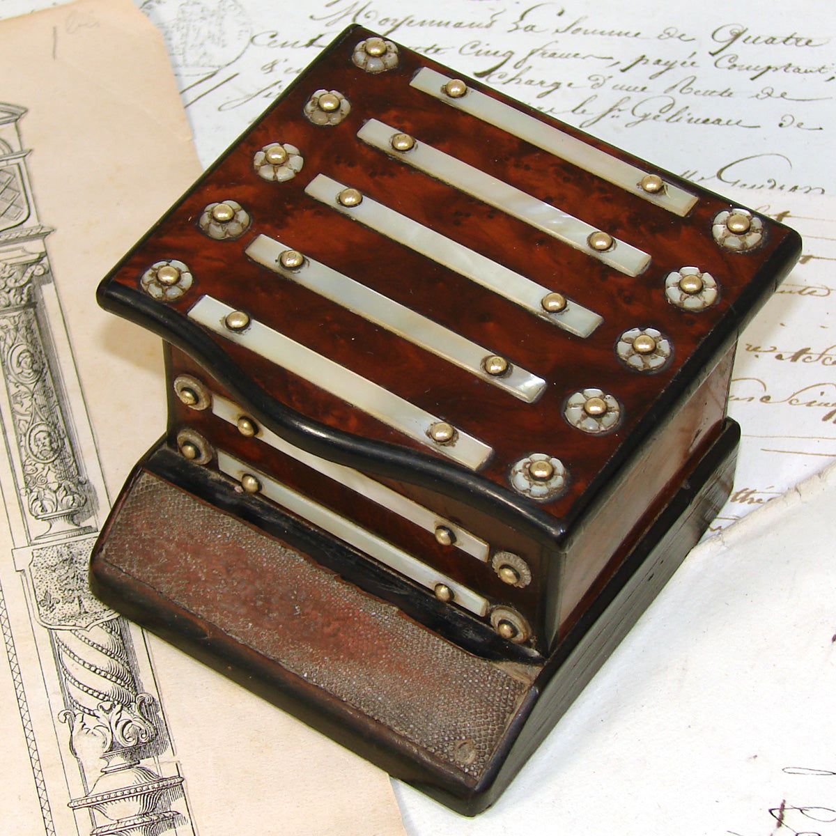 Rare Antique French Napoleon III Era Match Holder Box, Casket, Burl & Mother of Pearl