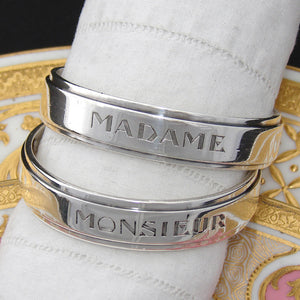 Rare Antique French Sterling Silver Napkin Ring PAIR, "Madame" & "Monsieur" Engravings