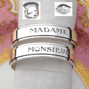 Rare Antique French Sterling Silver Napkin Ring PAIR, "Madame" & "Monsieur" Engravings