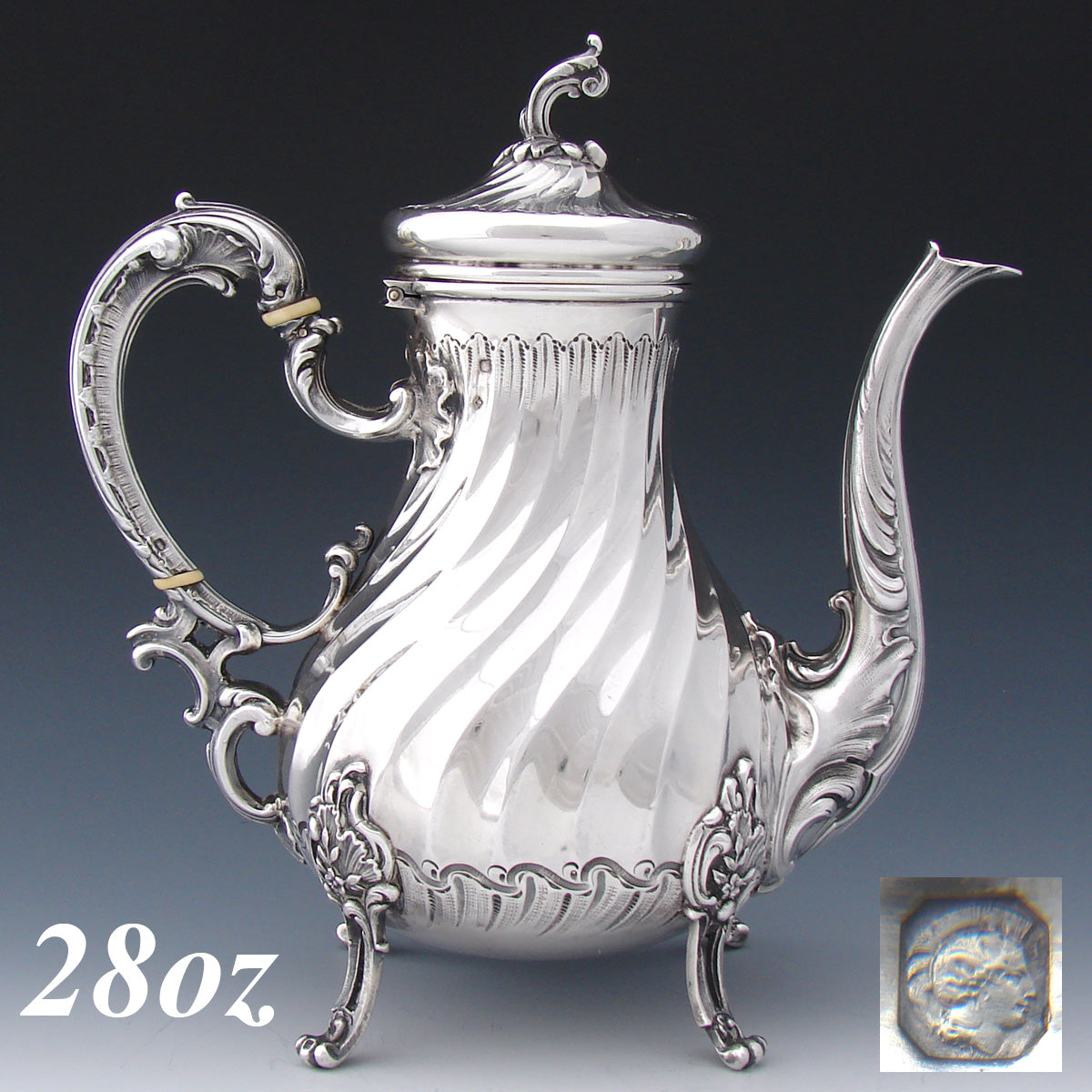 Antique French Sterling Silver Coffee or Tea Pot, Rococo Style Spiral Fluted Body