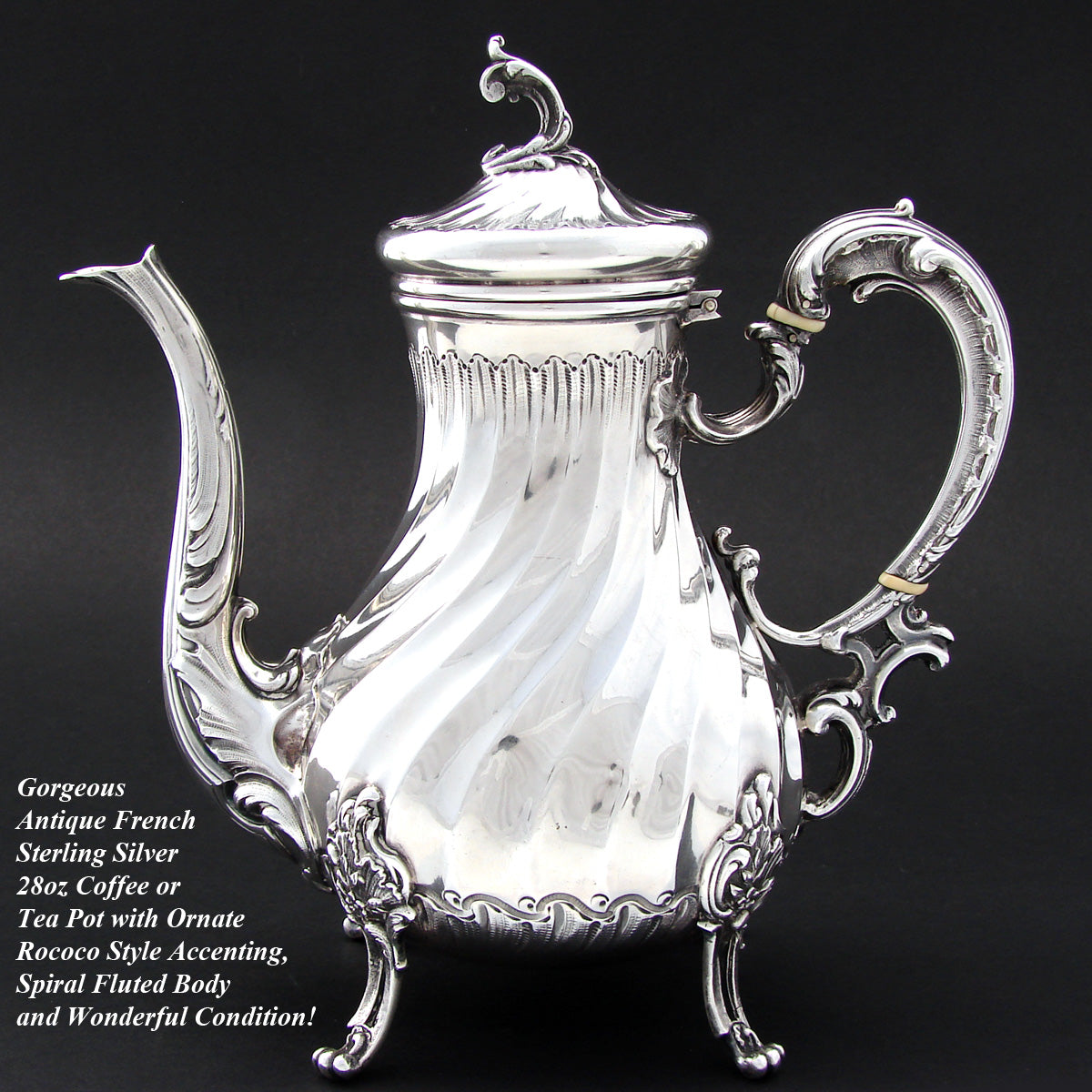 Antique French Sterling Silver Coffee or Tea Pot, Rococo Style Spiral Fluted Body