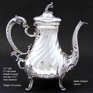 Antique French Sterling Silver Coffee or Tea Pot, Rococo Style Spiral Fluted Body