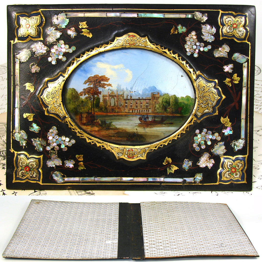 Antique Victorian Papier Mache Desk Top Blotter, Folio w/ Mother of Pearl, "Newstead Abbey"