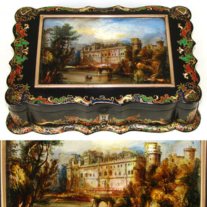 Rare Antique Victorian Era Papier Mache Playing Cards or Gaming Box, Grand Tour Eglomise Painting: Warwick Castle
