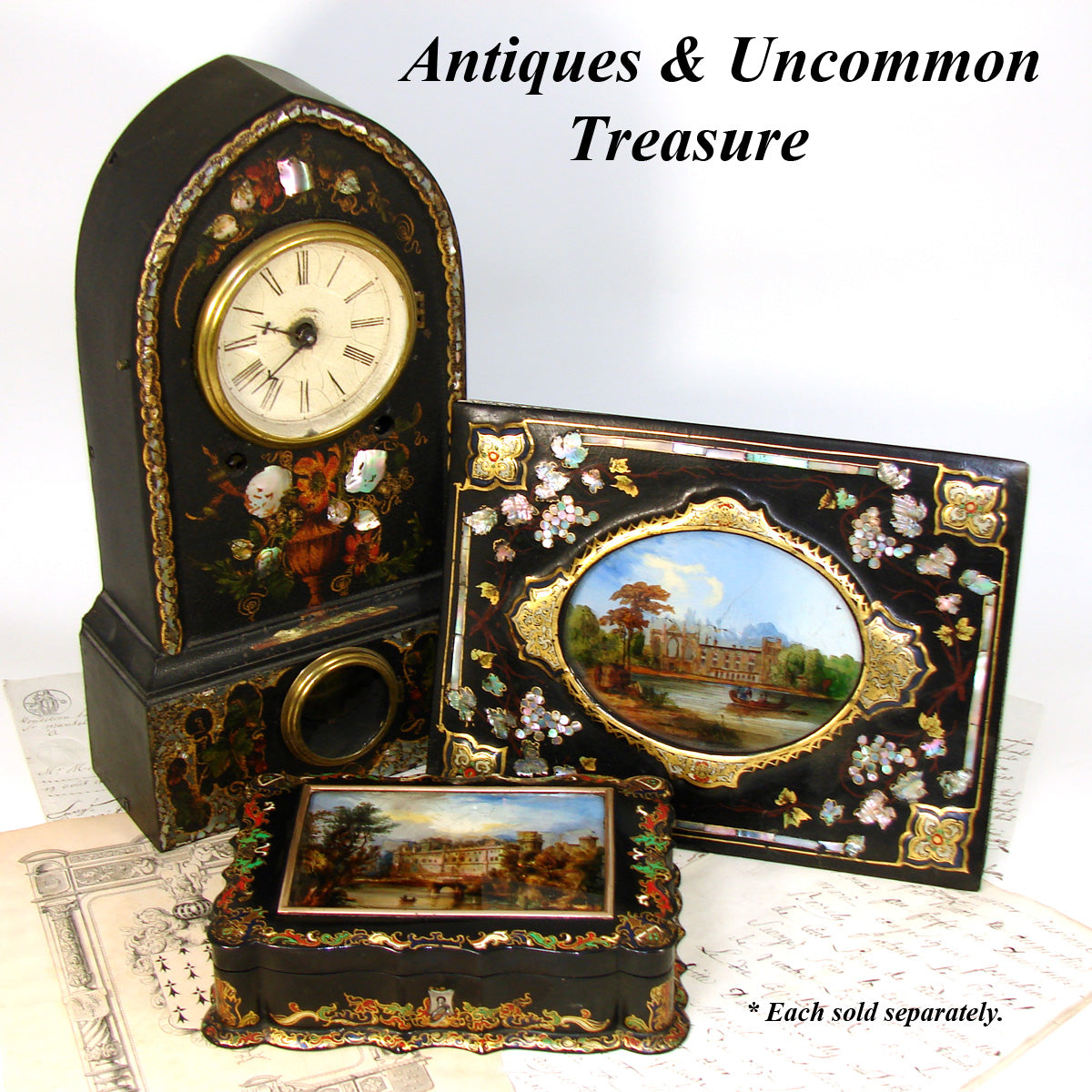 Rare Antique Victorian Era Papier Mache Playing Cards or Gaming Box, Grand Tour Eglomise Painting: Warwick Castle