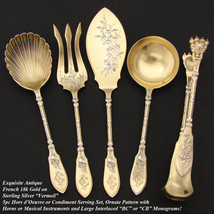 Antique French Sterling Silver "Vermeil" 5pc Hors d'Oeuvre Serving Set, Horns or Musical Instruments