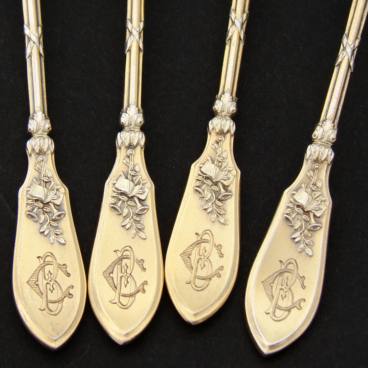 Antique French Sterling Silver "Vermeil" 5pc Hors d'Oeuvre Serving Set, Horns or Musical Instruments