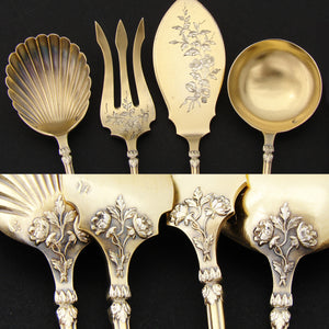 Antique French Sterling Silver "Vermeil" 5pc Hors d'Oeuvre Serving Set, Horns or Musical Instruments