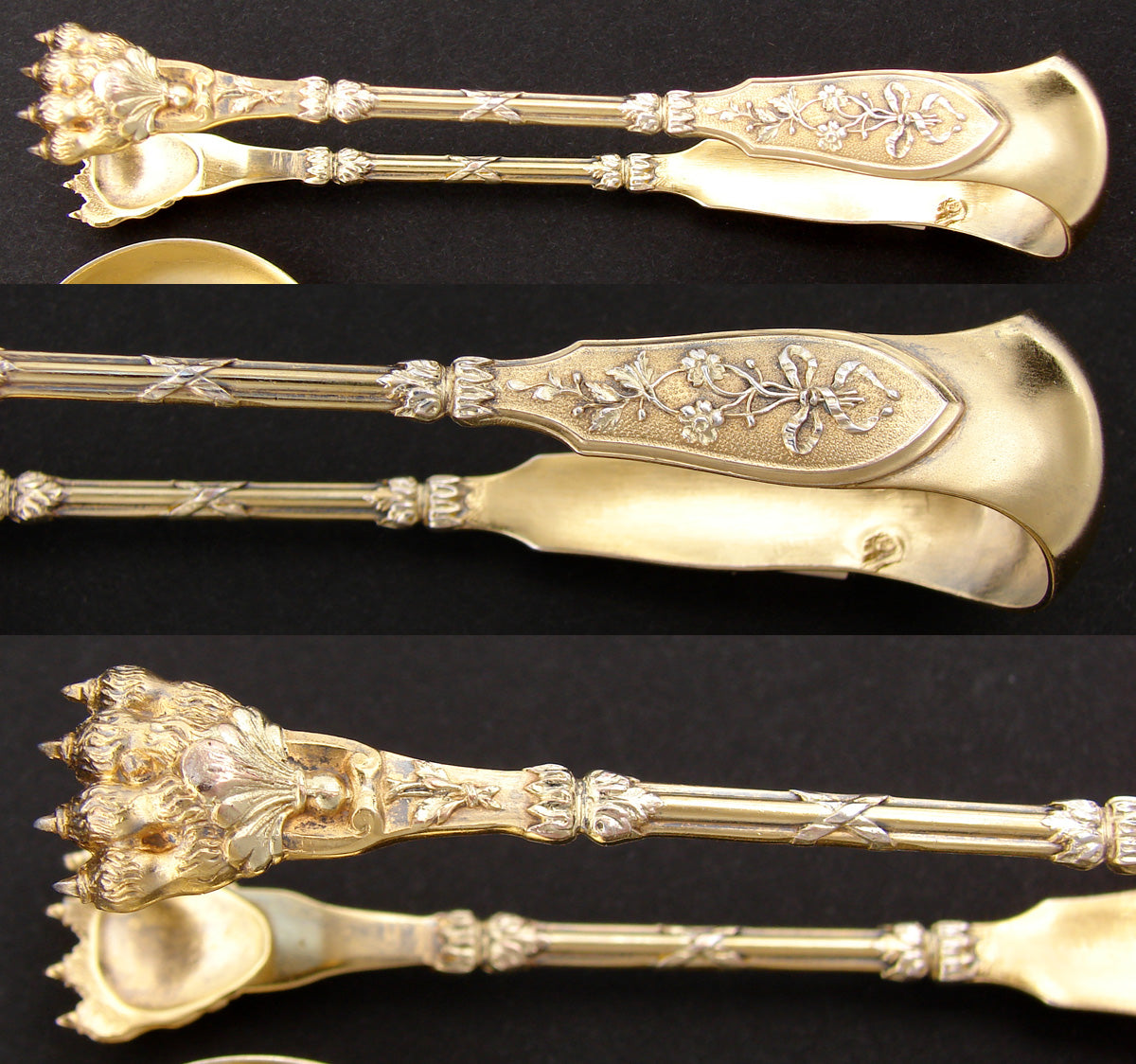 Antique French Sterling Silver "Vermeil" 5pc Hors d'Oeuvre Serving Set, Horns or Musical Instruments