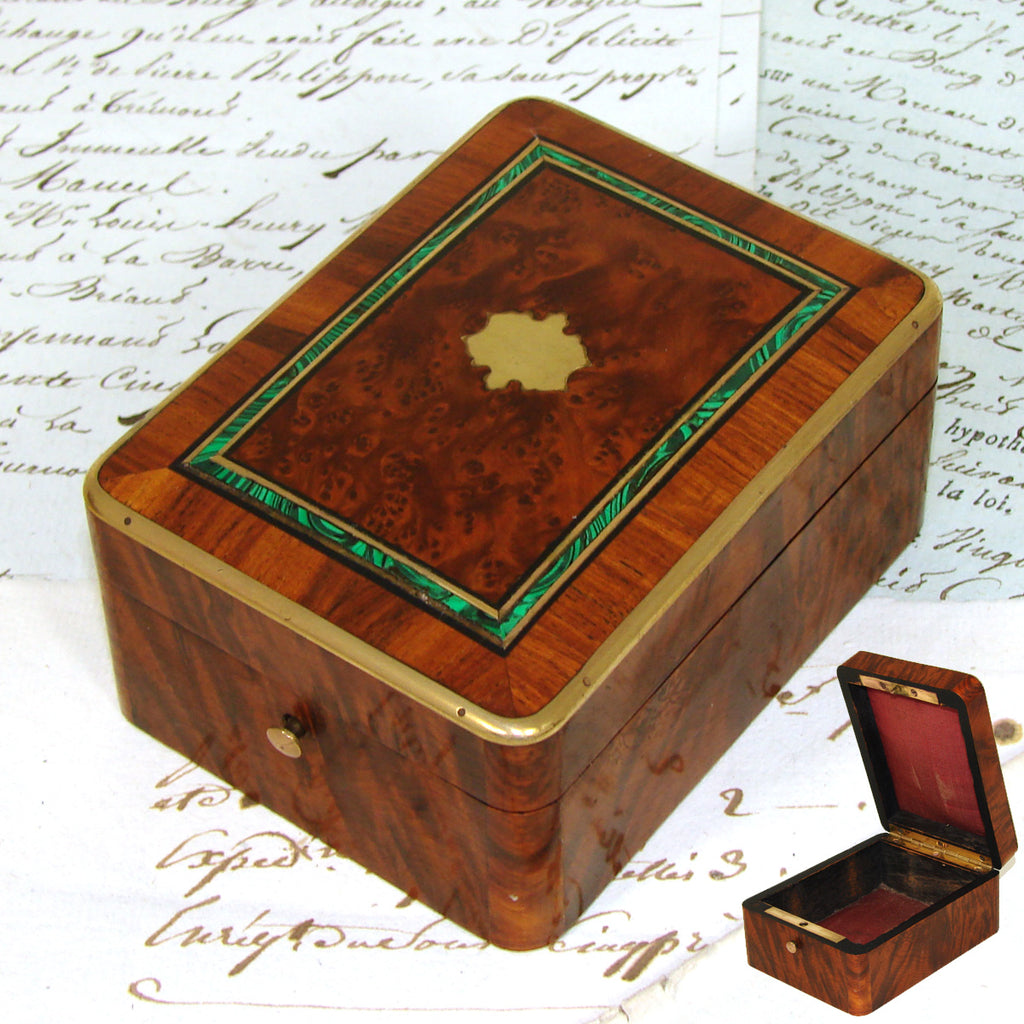 Antique French Napoleon III Pocket Watch Box, Burled with Faux Malachite Inlay