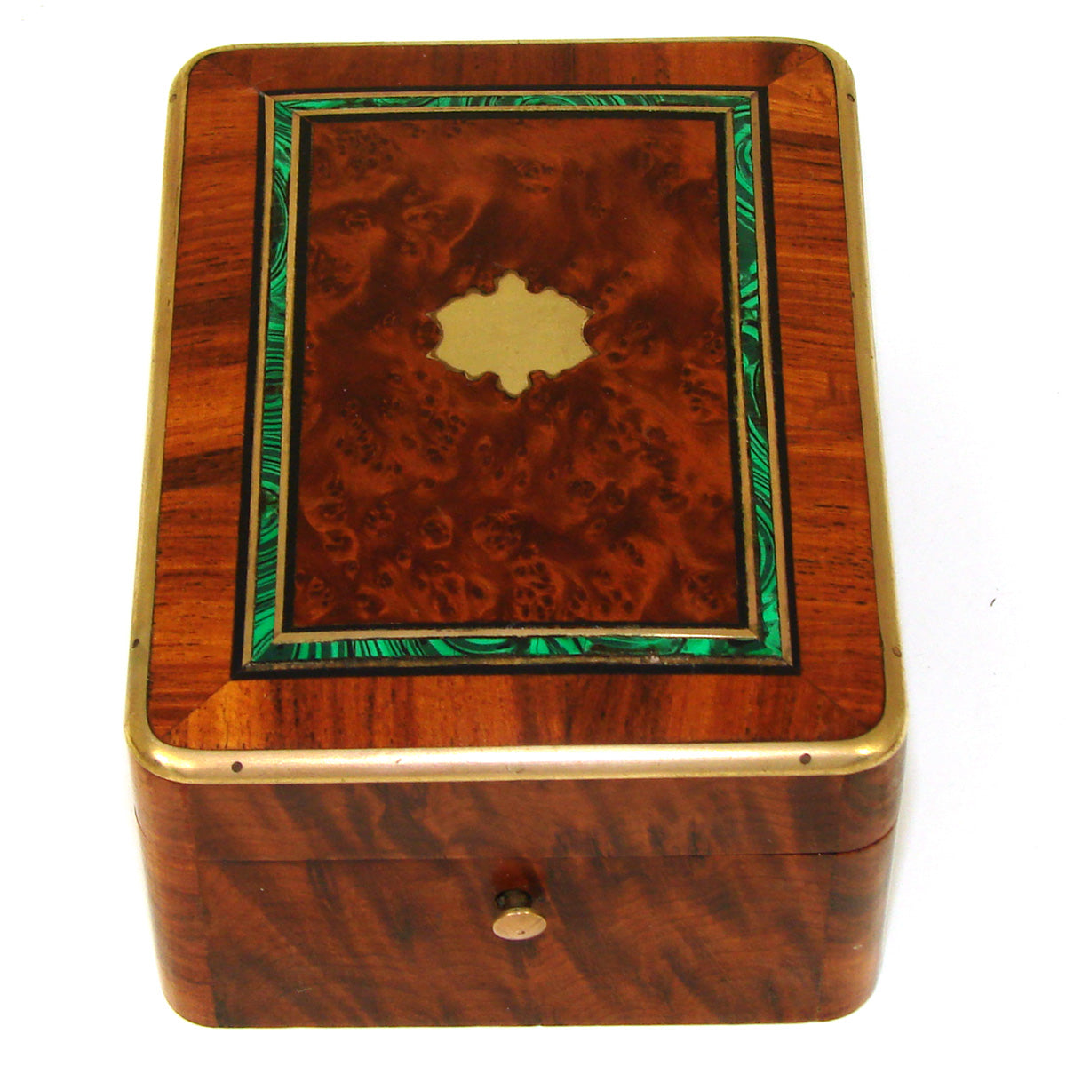 Antique French Napoleon III Pocket Watch Box, Burled with Faux Malachite Inlay