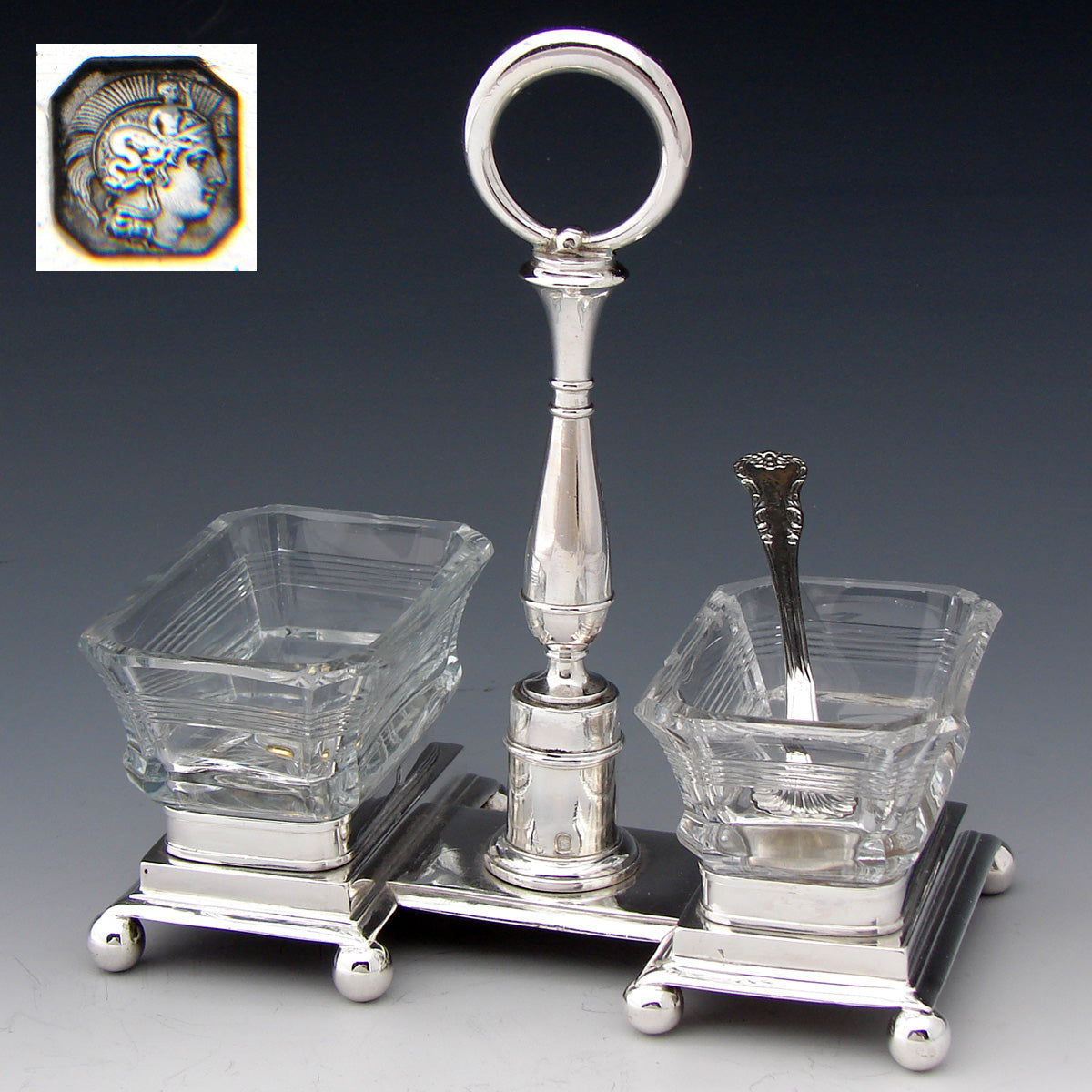 Antique Napoleon III Era French Sterling Silver & Cut Crystal Double Open Salt or Sweetmeat