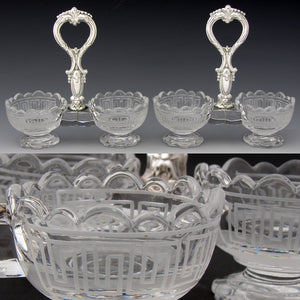 PAIR: Antique French Sterling Silver & Intaglio Glass Double Open Salt or Sweet Meat Serving Caddy