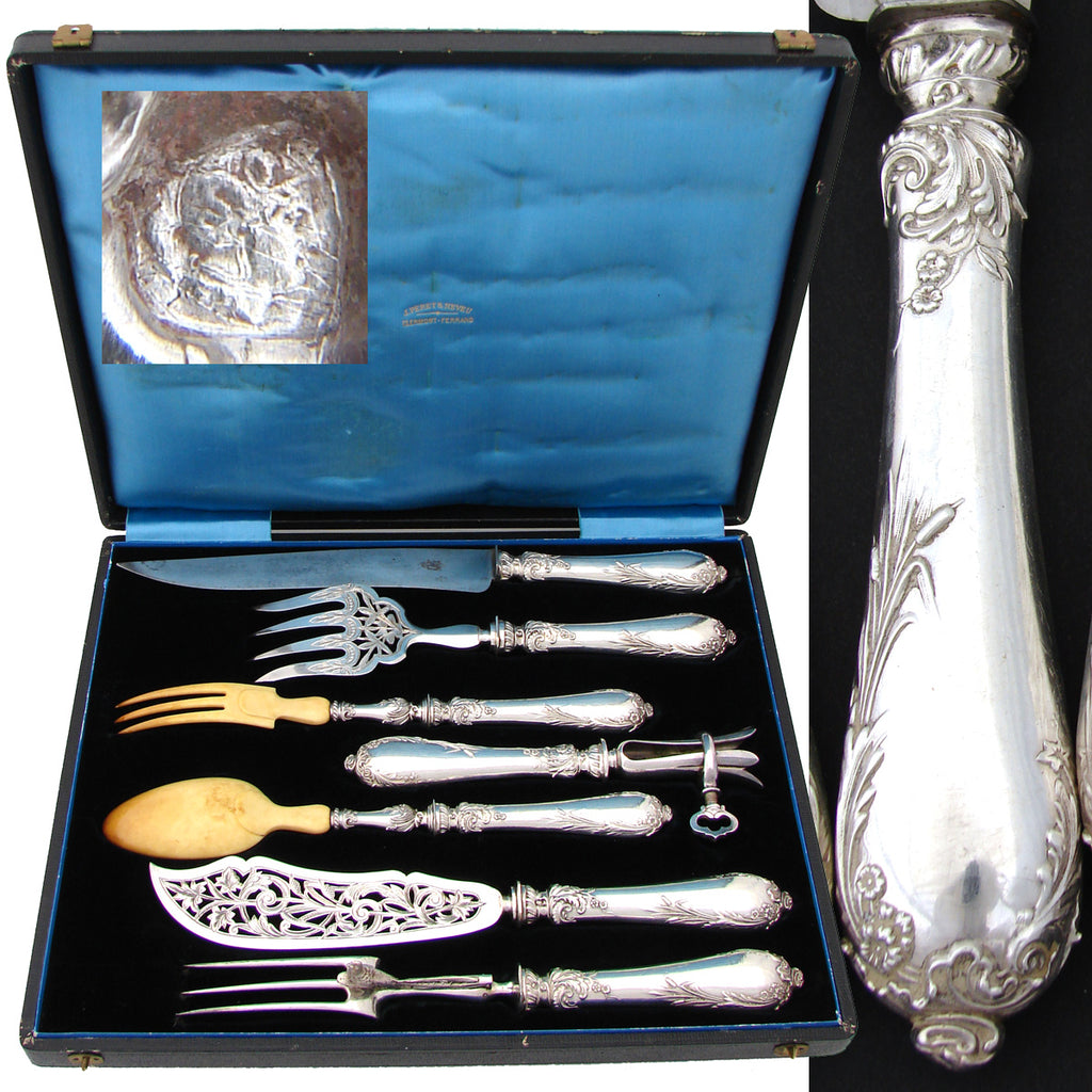 Antique French Sterling Silver 7pc Meat Carving, Fish & Salad Serving Set, Cattail & Acanthus Pattern
