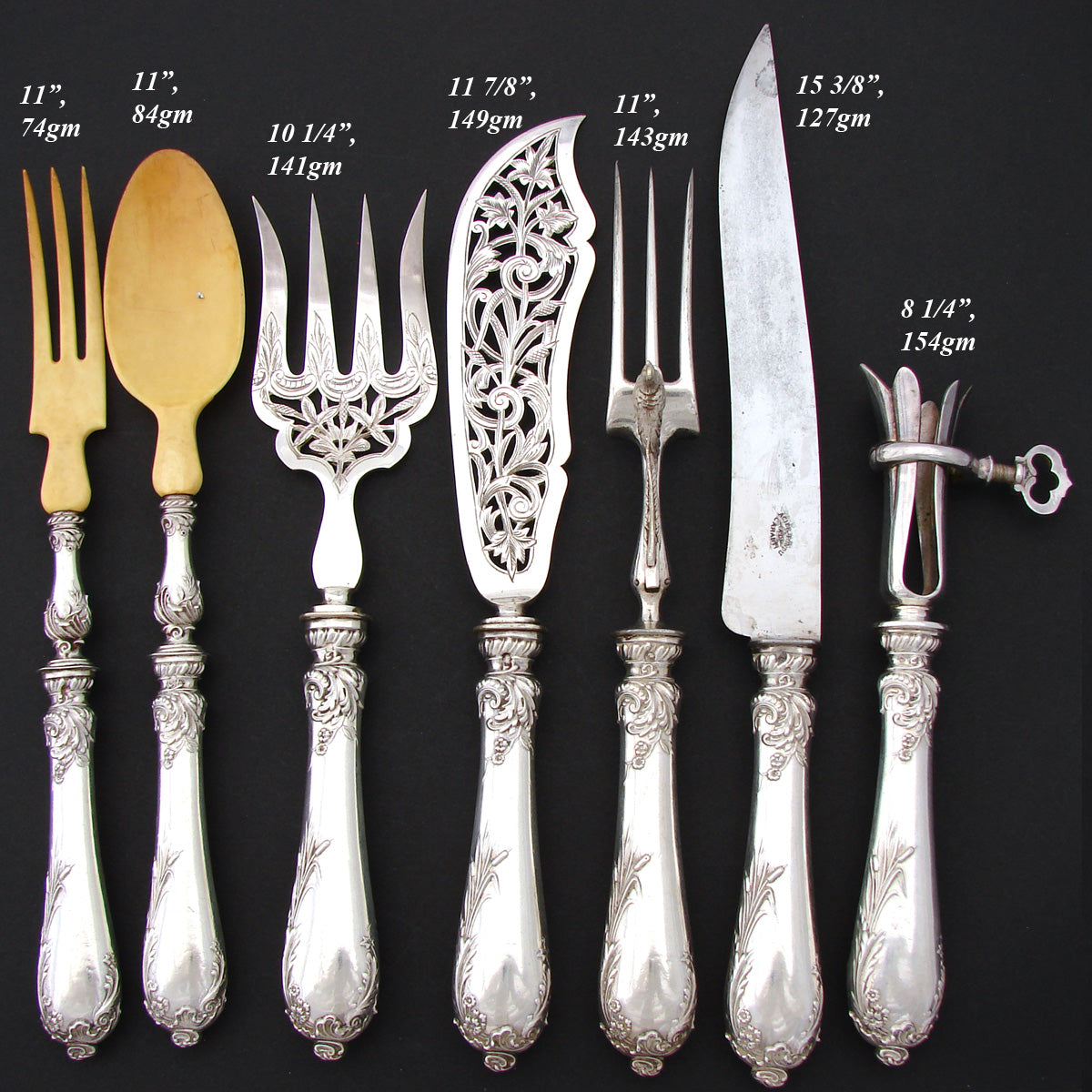 Antique French Sterling Silver 7pc Meat Carving, Fish & Salad Serving Set, Cattail & Acanthus Pattern