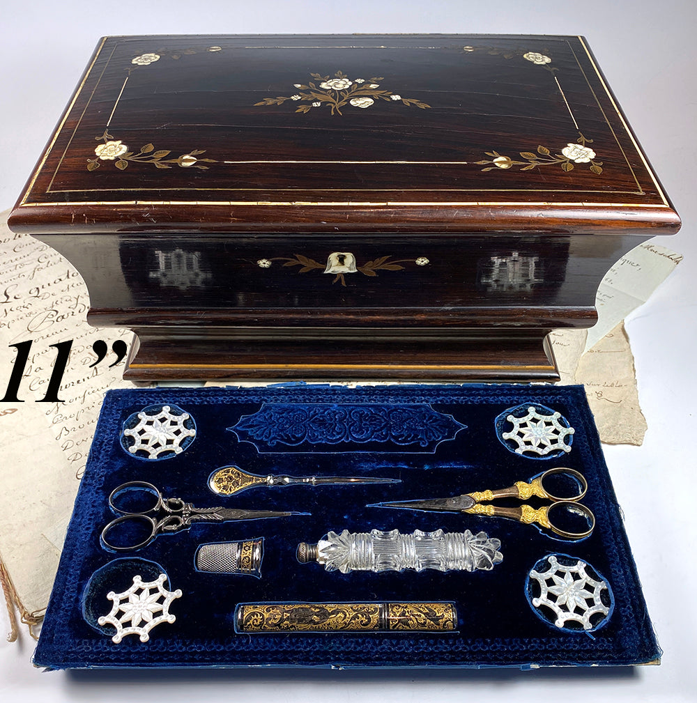 Antique French or Italian 11" Sewing Box, Rosewood, Mother of Pearl, Niello, Perfume & 2 Scissors