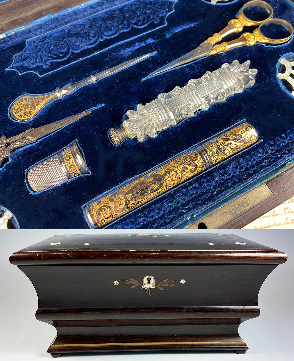 Antique French or Italian 11" Sewing Box, Rosewood, Mother of Pearl, Niello, Perfume & 2 Scissors