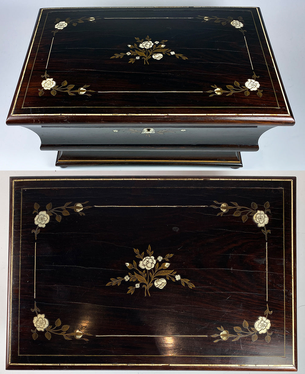 Antique French or Italian 11" Sewing Box, Rosewood, Mother of Pearl, Niello, Perfume & 2 Scissors