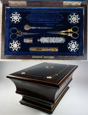 Antique French or Italian 11" Sewing Box, Rosewood, Mother of Pearl, Niello, Perfume & 2 Scissors