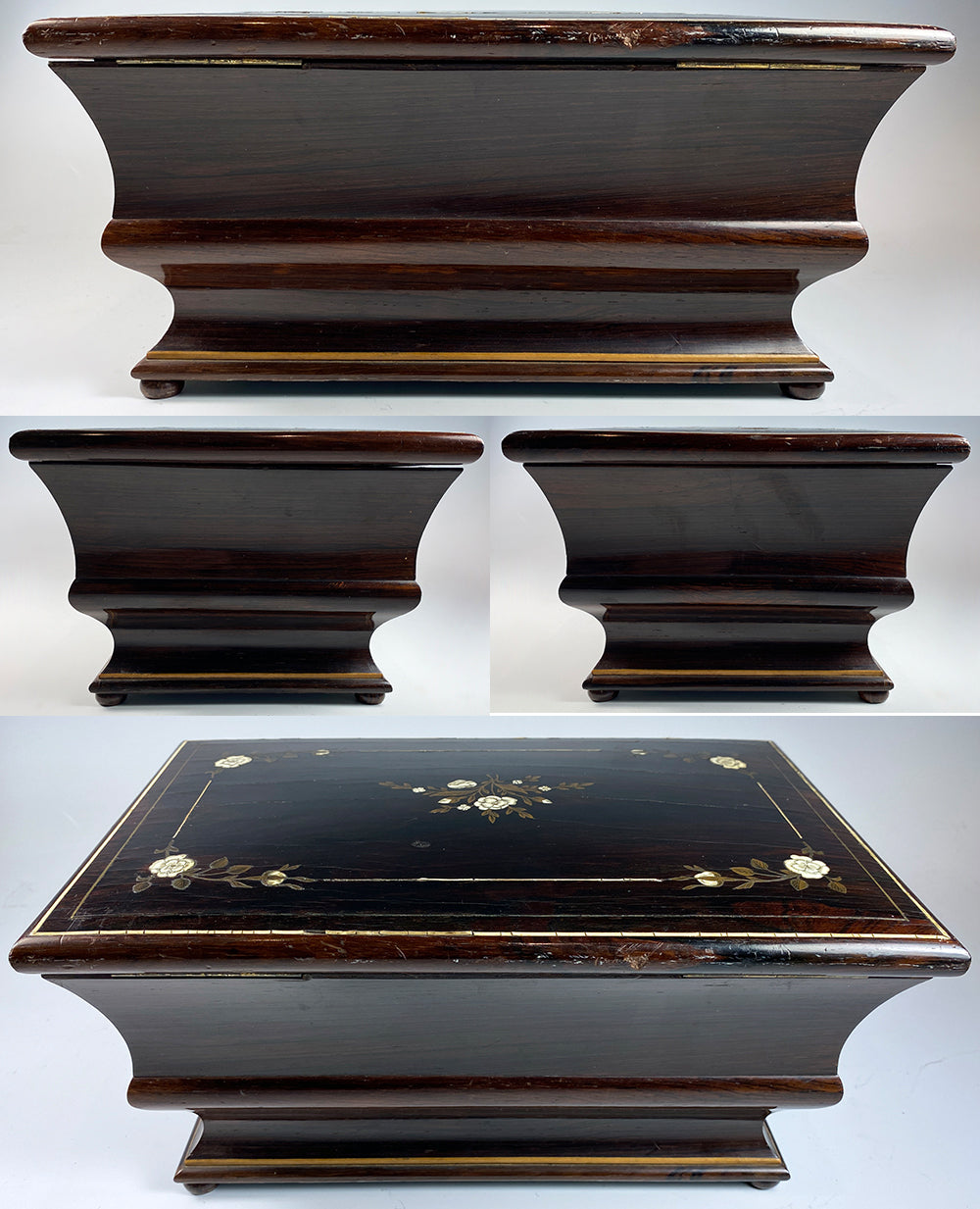 Antique French or Italian 11" Sewing Box, Rosewood, Mother of Pearl, Niello, Perfume & 2 Scissors