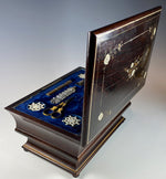 Antique French or Italian 11" Sewing Box, Rosewood, Mother of Pearl, Niello, Perfume & 2 Scissors