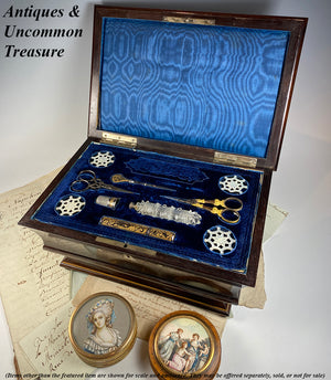 Antique French or Italian 11" Sewing Box, Rosewood, Mother of Pearl, Niello, Perfume & 2 Scissors