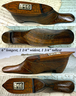 Antique French Hand Carved 6" Long Shoe or Boot Snuff Box #1, Pique, "1856" 19th Century