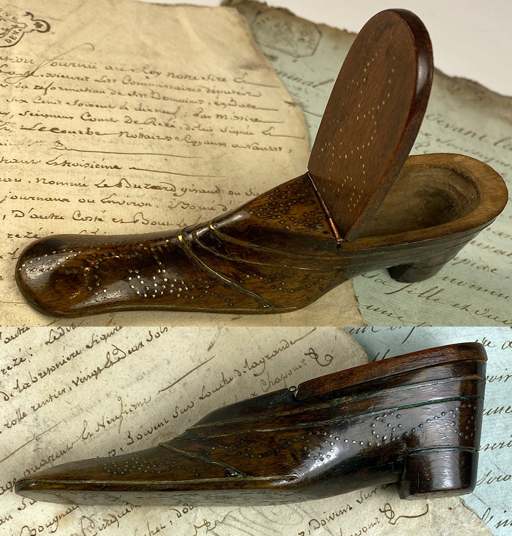 Antique French Hand Carved 5" Long Shoe or Boot Snuff Box #3, Pique, 18th Century to Early 1800s