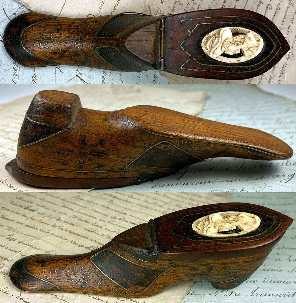 Antique French Hand Carved 5.5" Long Shoe or Boot Snuff Box #4, Pique, 18th Century to Early 1800s