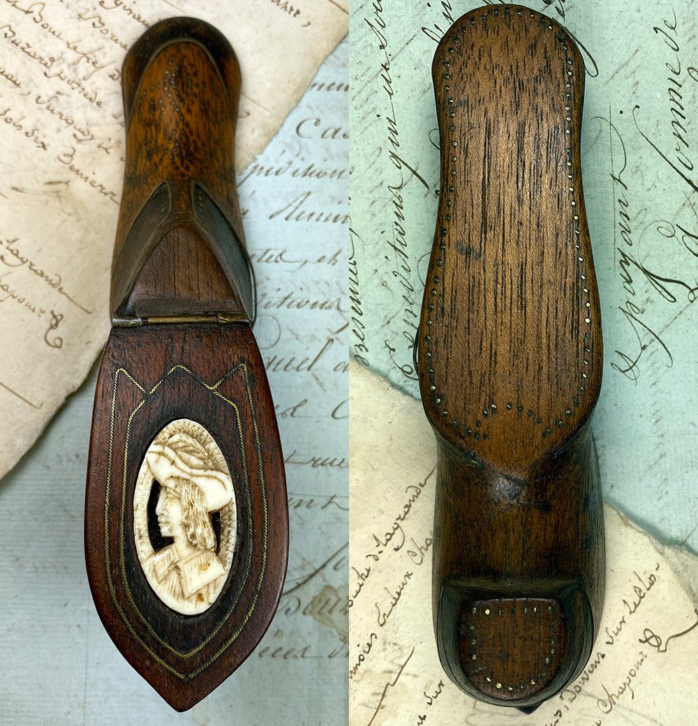 Antique French Hand Carved 5.5" Long Shoe or Boot Snuff Box #4, Pique, 18th Century to Early 1800s