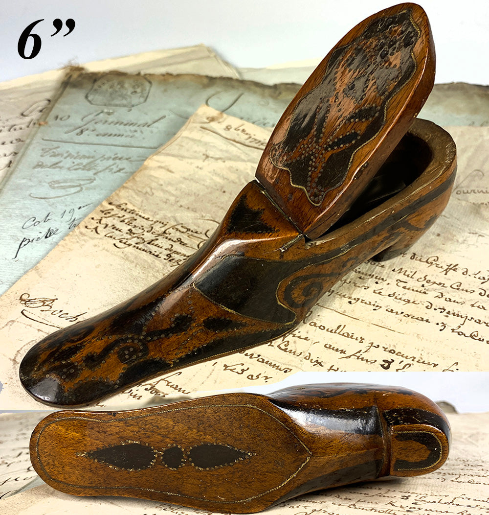Antique 18th Century French Boot or Shoe Snuff Box, Marquetry & Pique Table Snuff 6" Long