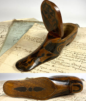 Antique 18th Century French Boot or Shoe Snuff Box, Marquetry & Pique Table Snuff 6" Long