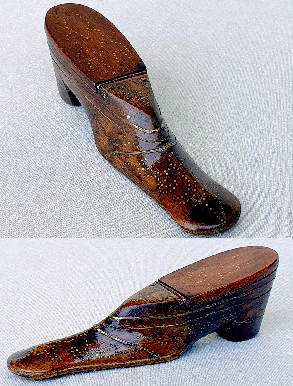 Antique 18th Century French Boot or Shoe Snuff Box, Marquetry & Pique Table Snuff 6" Long