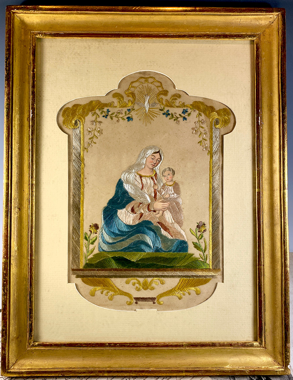 Antique 19th c French Silk Embroidery Sampler, Religious Theme, Mary and Jesus, Dove in Frame 14" x 10.5"