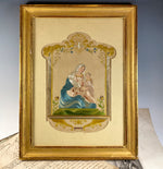 Antique 19th c French Silk Embroidery Sampler, Religious Theme, Mary and Jesus, Dove in Frame 14" x 10.5"
