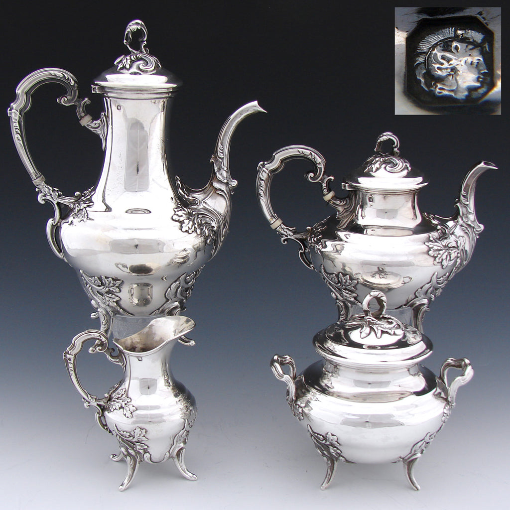 Antique French Sterling Silver 4pc Solitaire Sized Tea Service, Coffee & Tea Pot, Creamer & Sugar