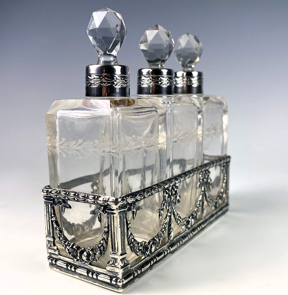 Antique Sterling Silver and Cut, Engraved Crystal Scent Caddy, 3 Bottles, Perfume