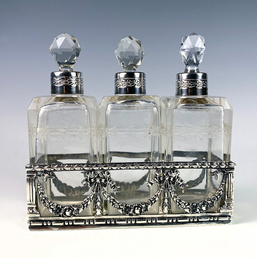 Antique Sterling Silver and Cut, Engraved Crystal Scent Caddy, 3 Bottles, Perfume