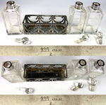 Antique Sterling Silver and Cut, Engraved Crystal Scent Caddy, 3 Bottles, Perfume