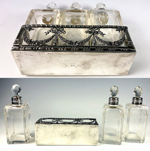 Antique Sterling Silver and Cut, Engraved Crystal Scent Caddy, 3 Bottles, Perfume