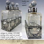 Antique Sterling Silver and Cut, Engraved Crystal Scent Caddy, 3 Bottles, Perfume