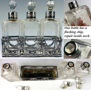 Antique Sterling Silver and Cut, Engraved Crystal Scent Caddy, 3 Bottles, Perfume