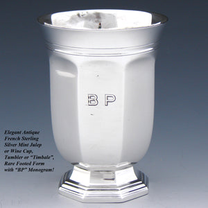 Antique French Sterling Silver Mint Julep Cup, Tumbler or "Timbale", "BP" Monogram