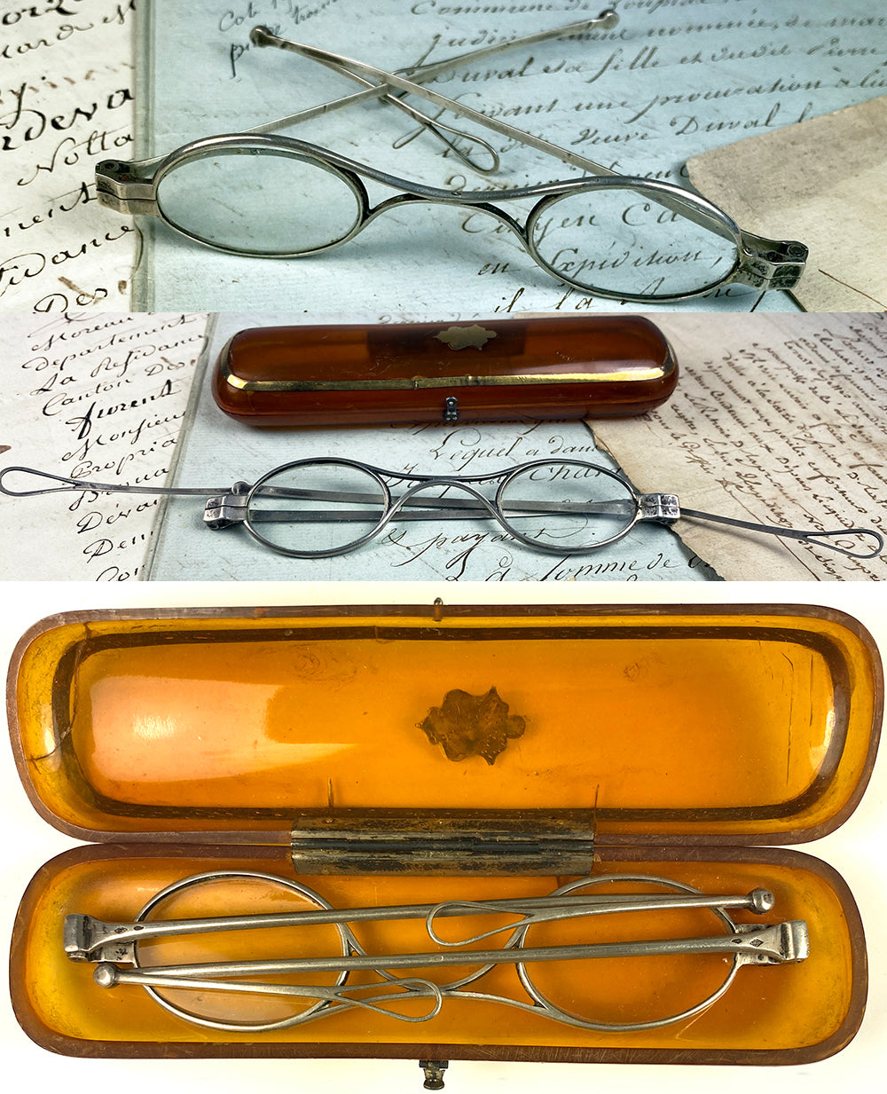 Antique French 18th Century Blond Tortoise Shell Spectacles Case, Sterling Silver Glasses, Speds, 18k Gold