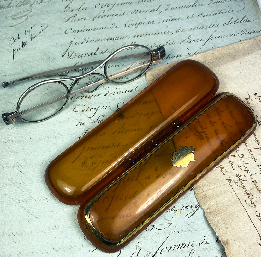 Antique French 18th Century Blond Tortoise Shell Spectacles Case, Sterling Silver Glasses, Speds, 18k Gold