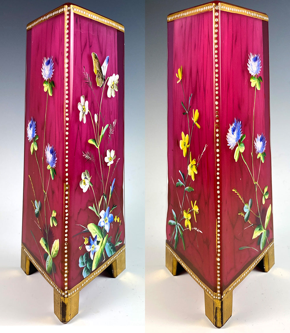 Magnificent 19th Century Bohemian Art Glass Vase, Hot Enamel Flowers, Butterfly, Harrach